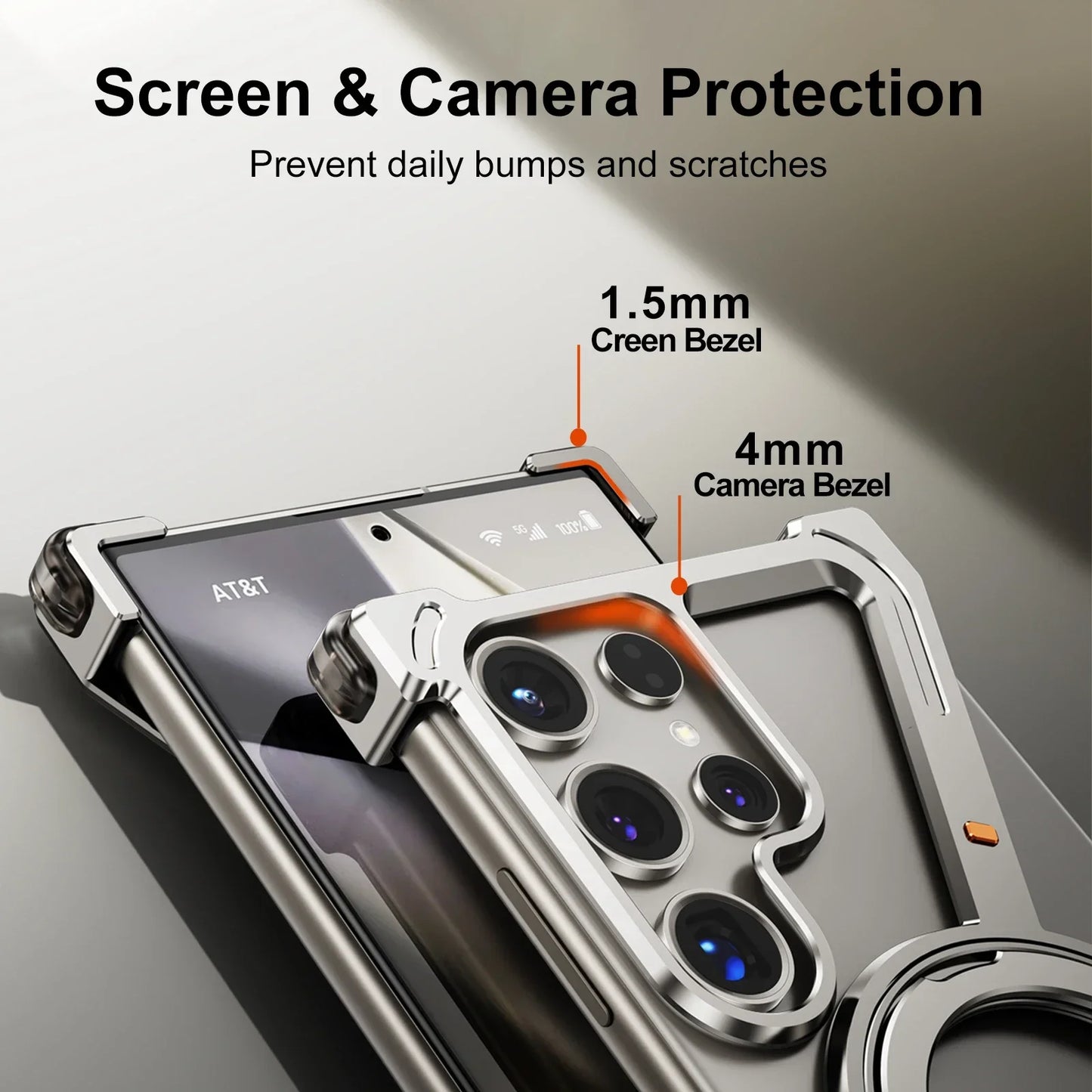 Samsung Galaxy S24 Ultra Z Shape Frameless Metal Bumper Case with Built-in Magsafe & 360° Rotation Ring - Titanium