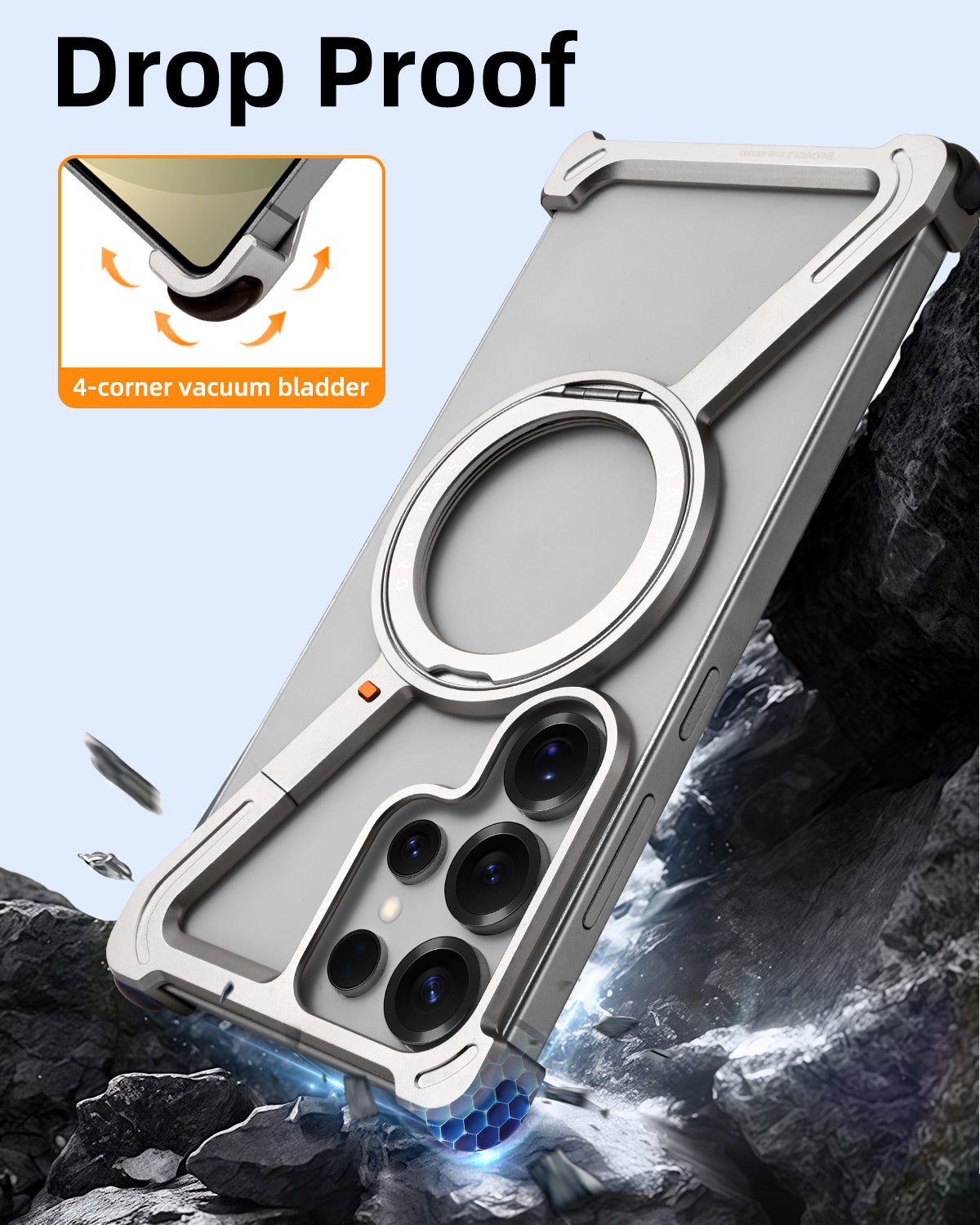 Samsung Galaxy S24 Ultra Z Shape Frameless Metal Bumper Case with Built-in Magsafe & 360° Rotation Ring - Black