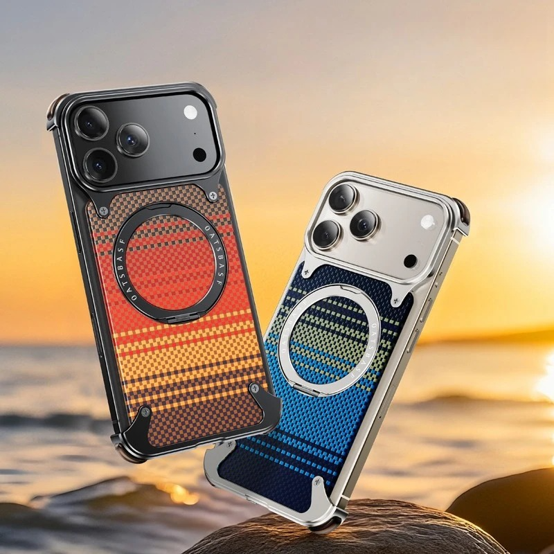 iPhone 17 Pro Max Titan Carbon Metal Frame Case with 360 Rotating Ring - Sunrise