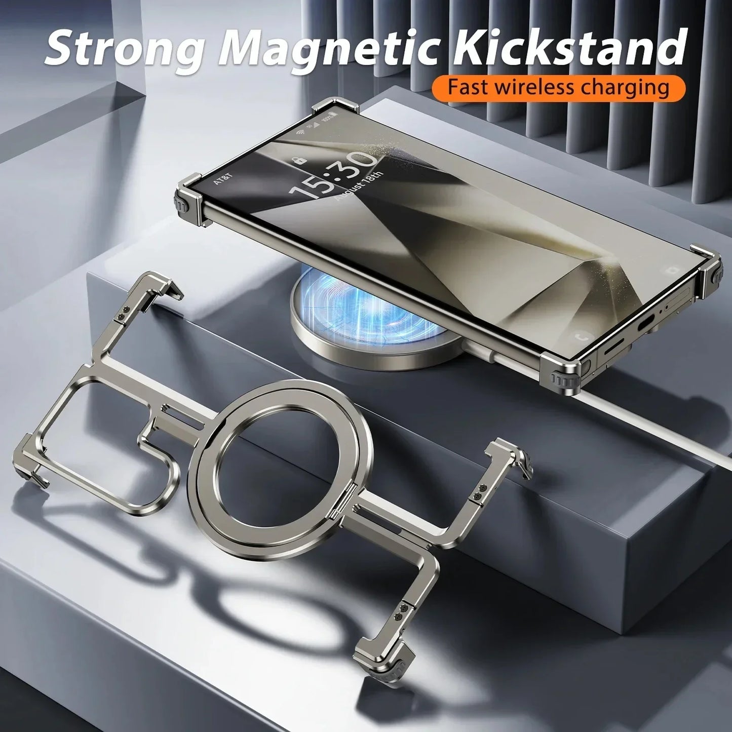 Samsung Galaxy 24 Ultra Metal Bumper Case with 360° Rotatable Magnetic Kickstand Ring - Titanium
