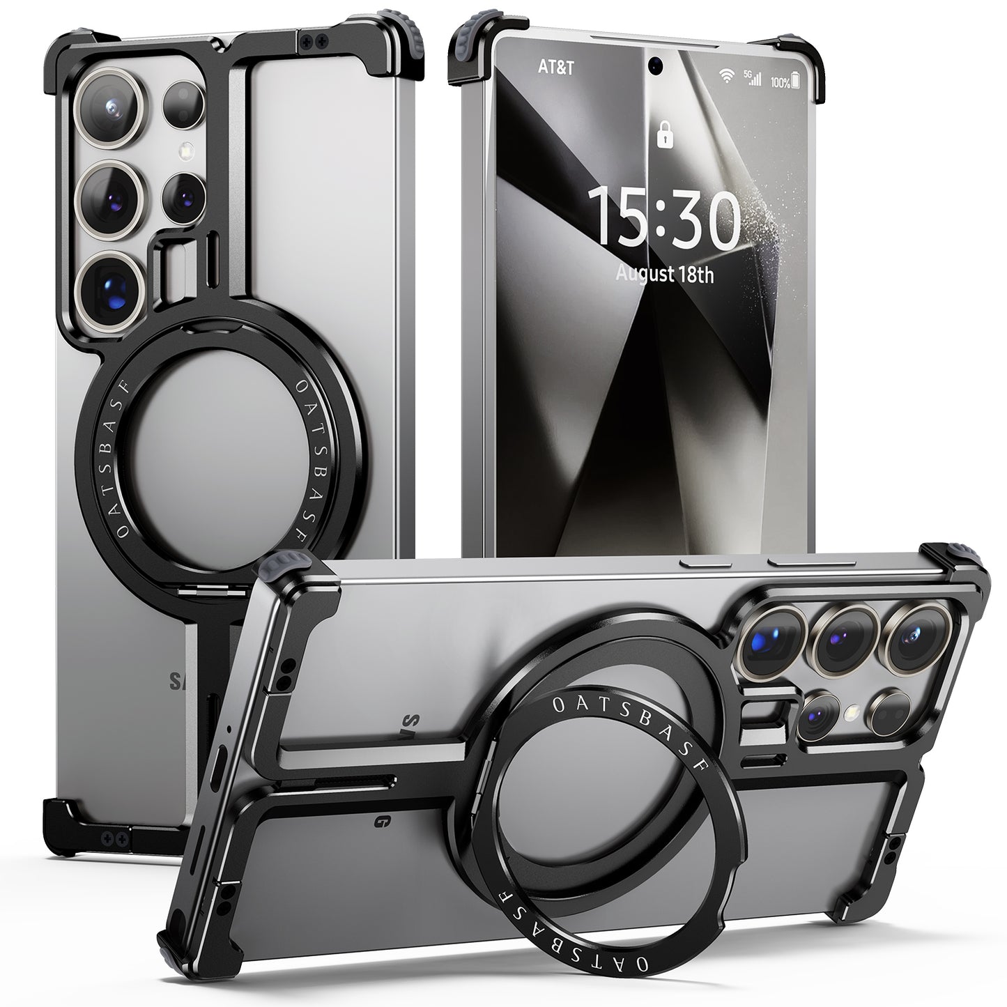 Samsung Galaxy 24 Ultra Metal Bumper Case with 360° Rotatable Magnetic Kickstand Ring - Black