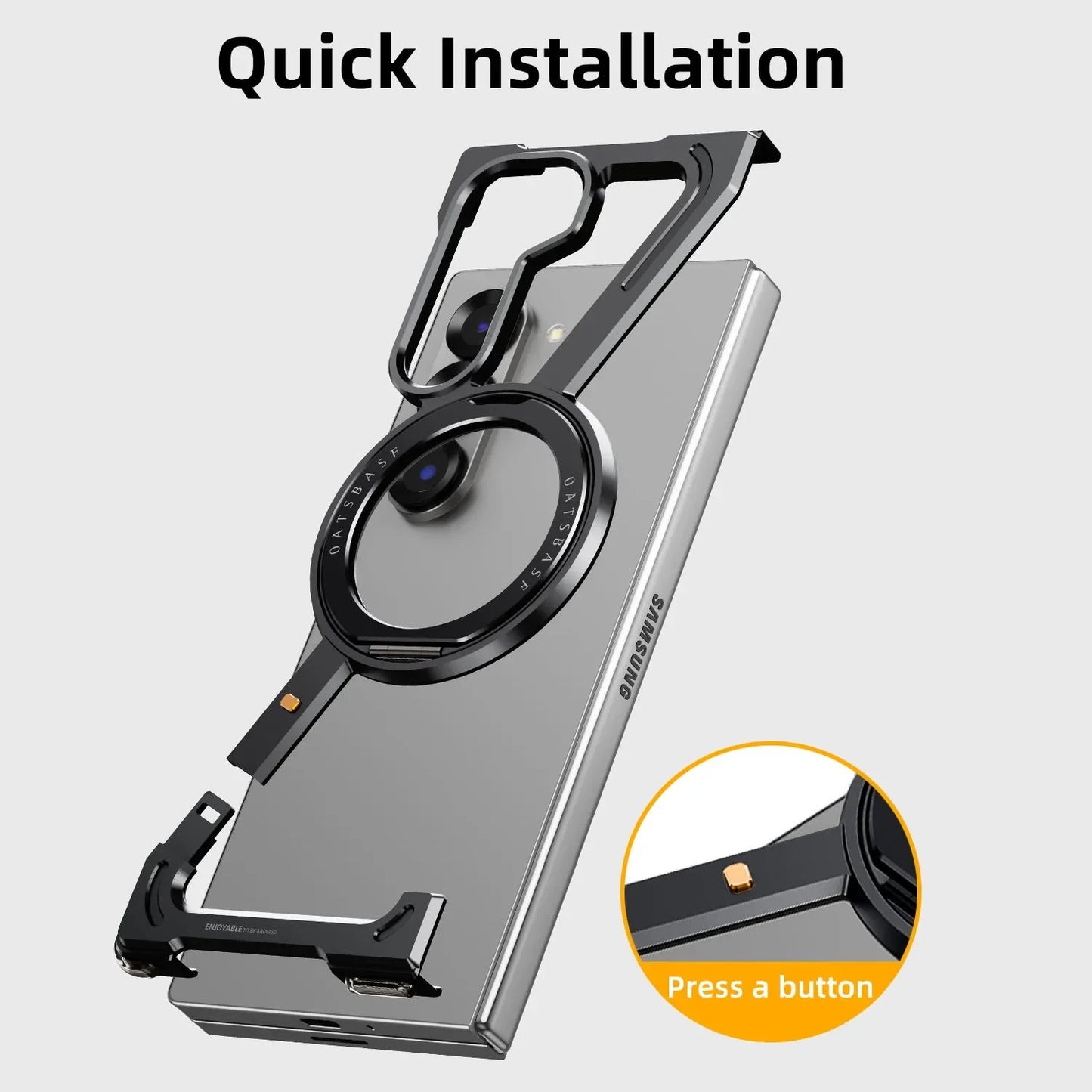 Samsung Galaxy Z Fold 6 Luminous Metal Z Shape framless Bumper with Built-in Magsafe & 360° Rotation Holder - Black