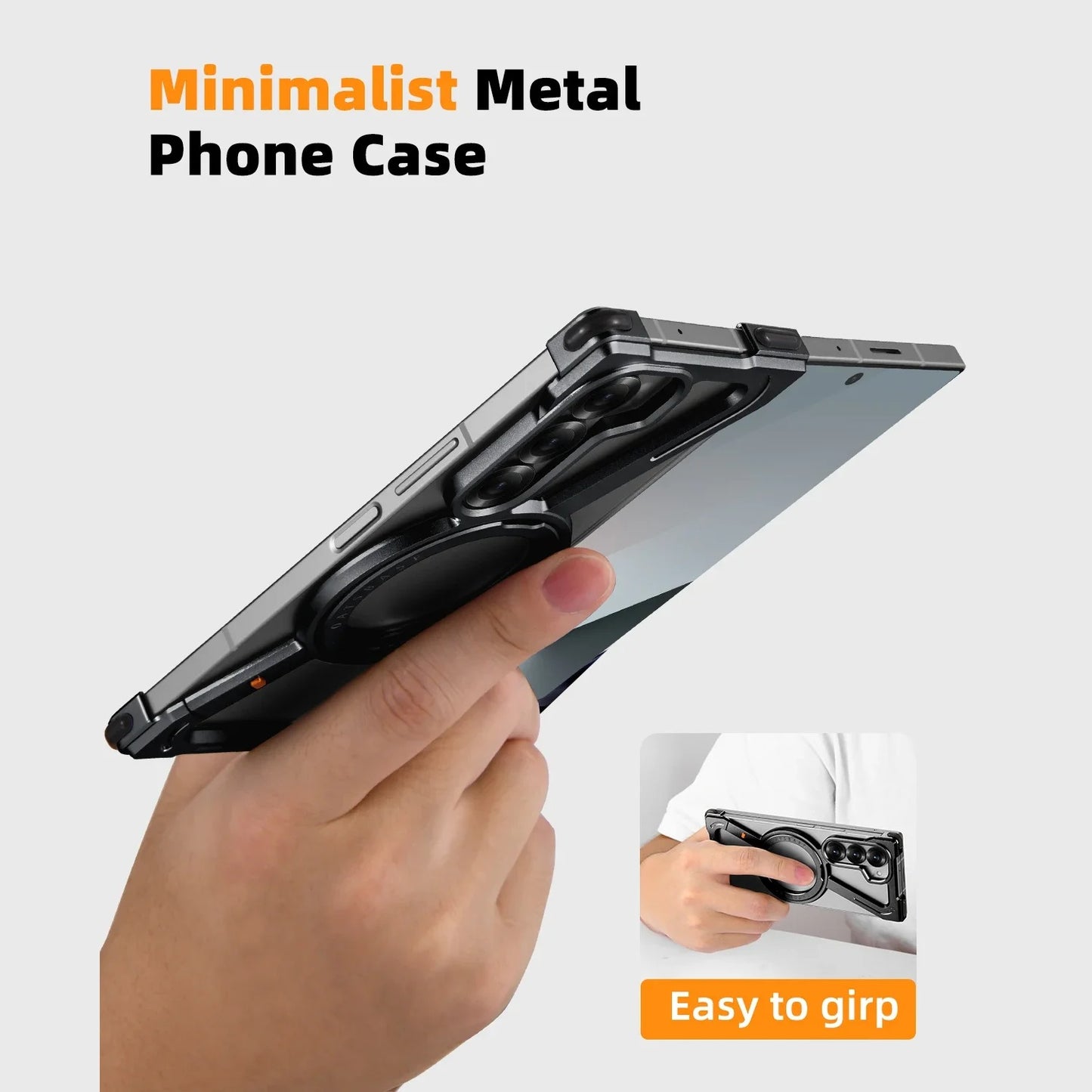 Samsung Galaxy Z Fold 6 Luminous Metal Z Shape framless Bumper with Built-in Magsafe & 360° Rotation Holder - Black