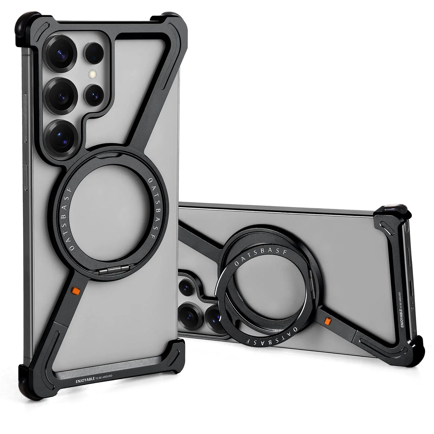 Samsung Galaxy S24 Ultra Z Shape Frameless Metal Bumper Case with Built-in Magsafe & 360° Rotation Ring - Black