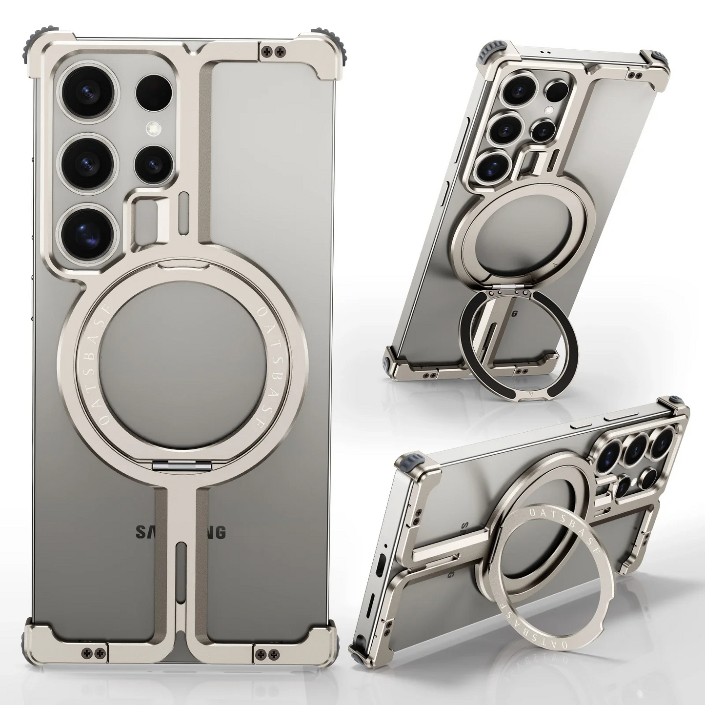 Samsung Galaxy 24 Ultra Metal Bumper Case with 360° Rotatable Magnetic Kickstand Ring - Titanium