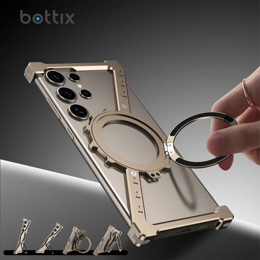 Samsung Galaxy S24 Ultra Luminous Metal Frame Z Shape Borderless Bumper Case with Built-in 360° Rotation Holder - Gray