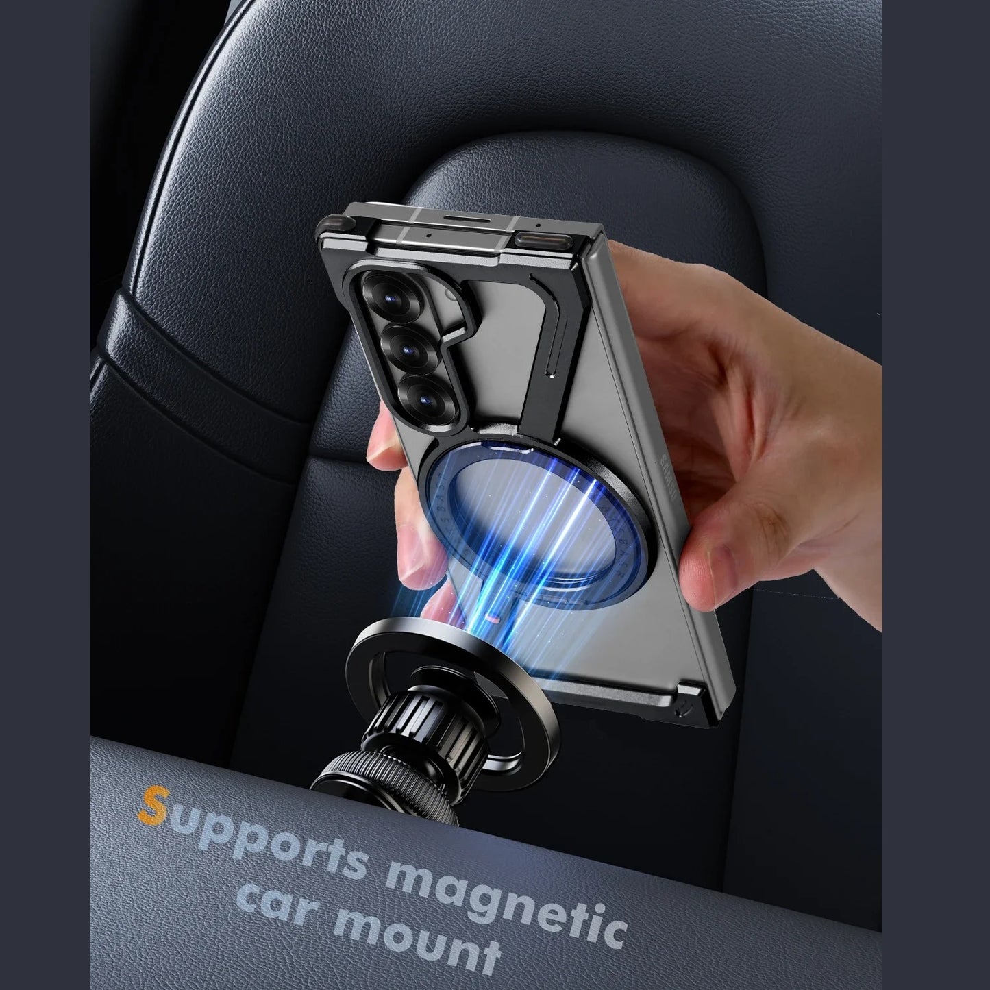 Samsung Galaxy Z Fold 6 Luminous Metal Z Shape framless Bumper with Built-in Magsafe & 360° Rotation Holder - Black