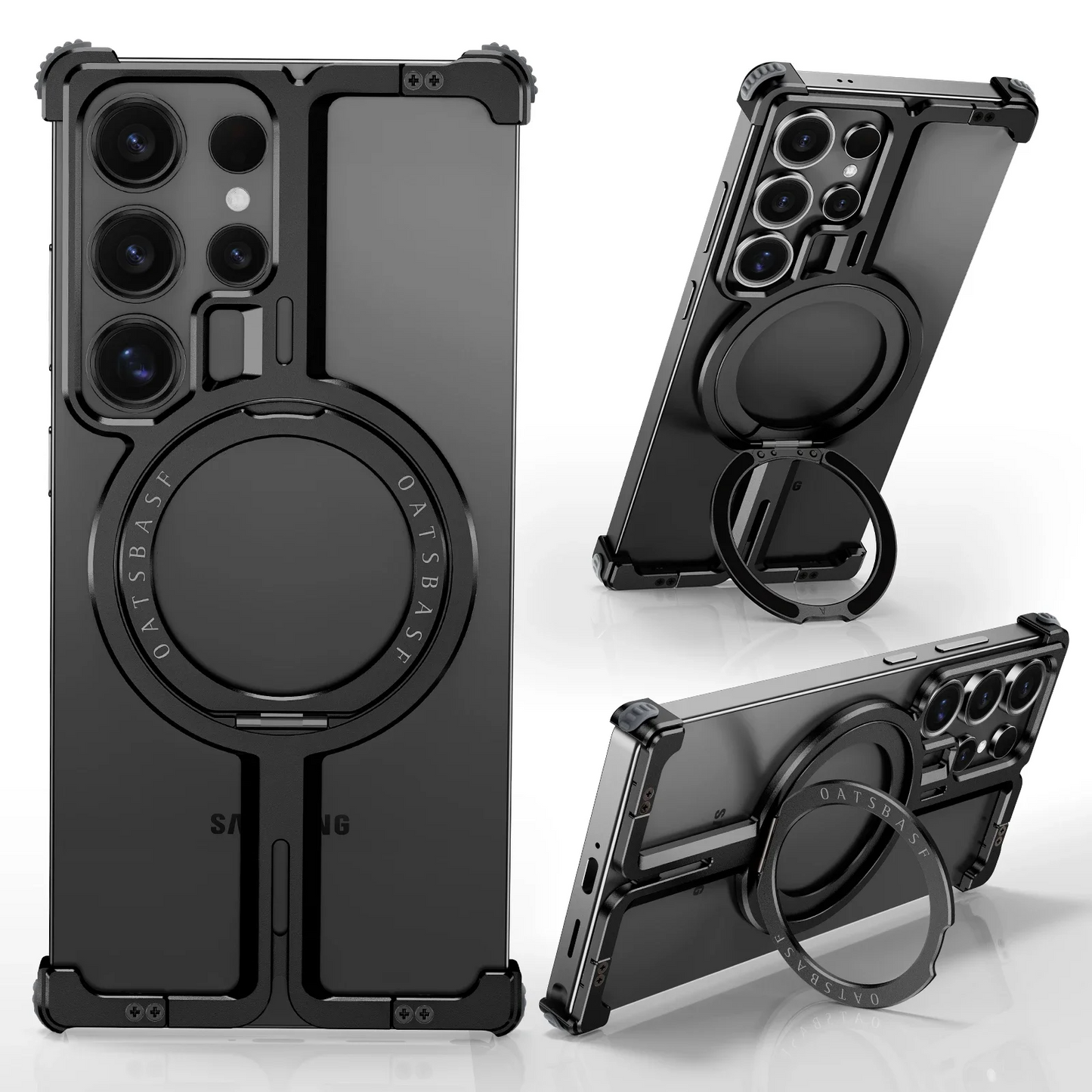 Samsung Galaxy 24 Ultra Metal Bumper Case with 360° Rotatable Magnetic Kickstand Ring - Black