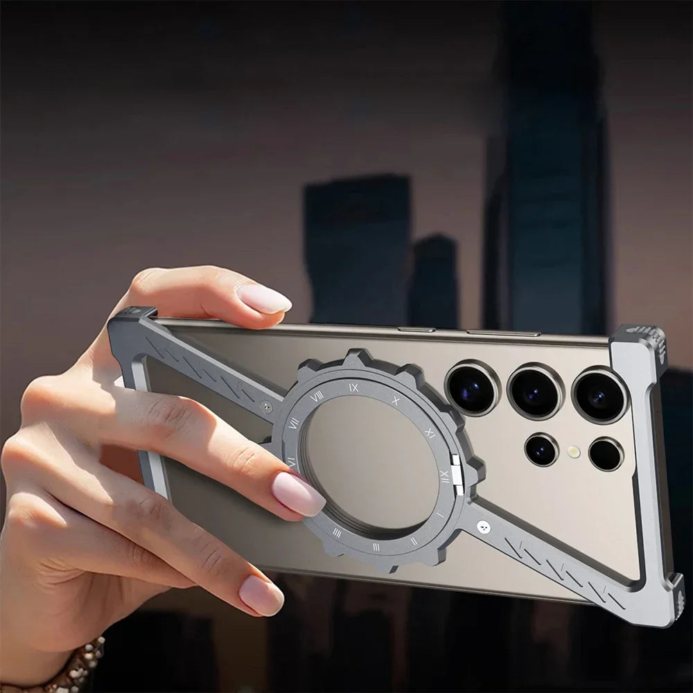 Samsung Galaxy S24 Ultra Luminous Metal Frame Z Shape Borderless Bumper Case with Built-in 360° Rotation Holder - Gray