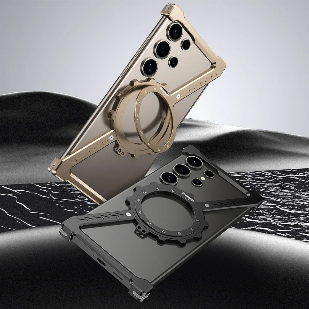Samsung Galaxy S24 Ultra Luminous Metal Frame Z Shape Borderless Bumper Case with Built-in 360° Rotation Holder - Gray