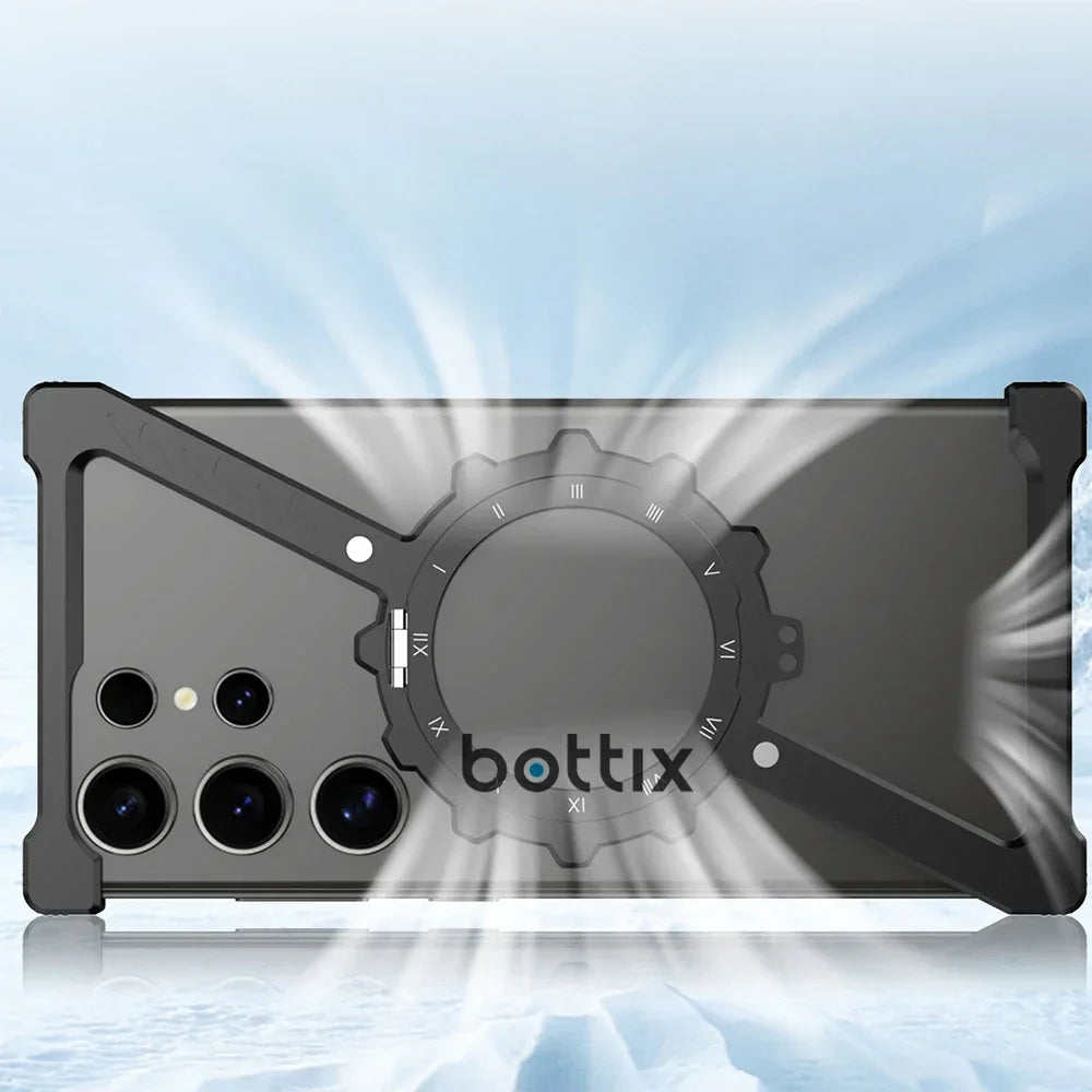 Samsung Galaxy S24 Ultra Luminous Metal Frame Z Shape Borderless Bumper Case with Built-in 360° Rotation Holder - Gray