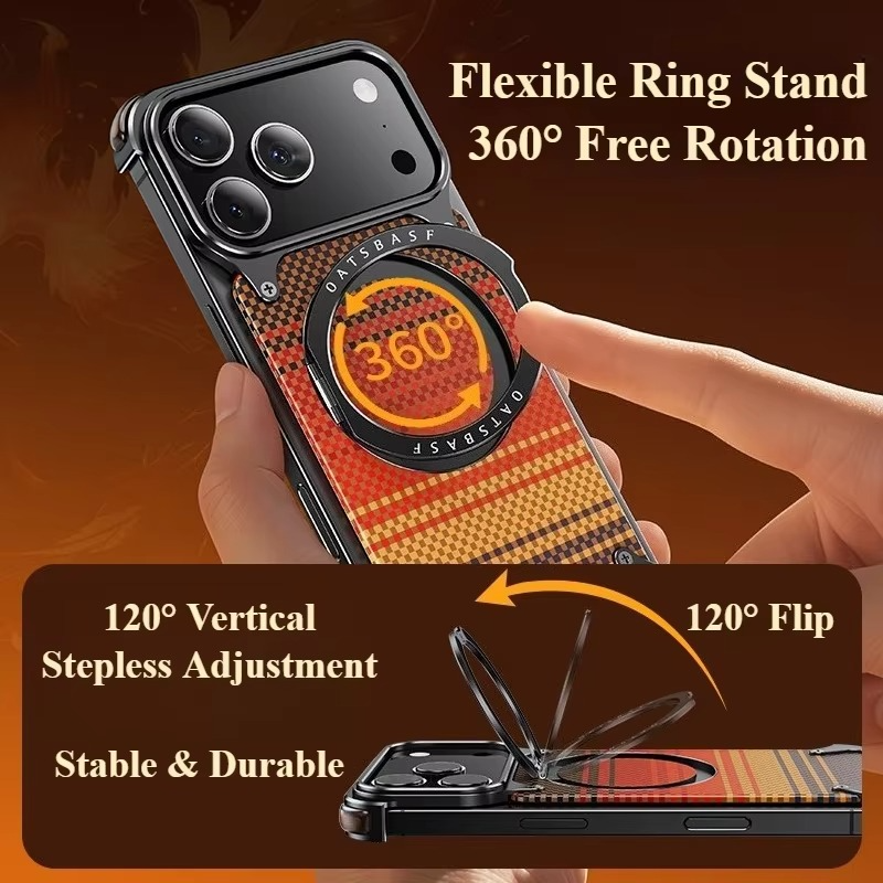 iPhone 17 Pro Max Titan Carbon Metal Frame Case with 360 Roatating Ring - Sunrise Red