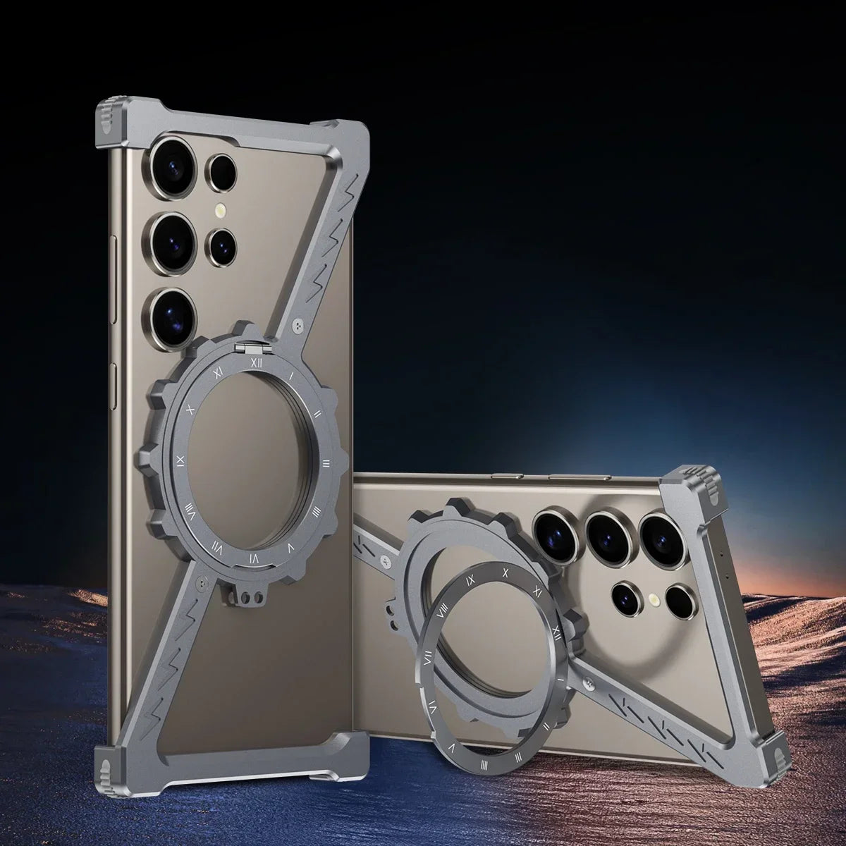 Samsung Galaxy S24 Ultra Luminous Metal Frame Z Shape Borderless Bumper Case with Built-in 360° Rotation Holder - Gray