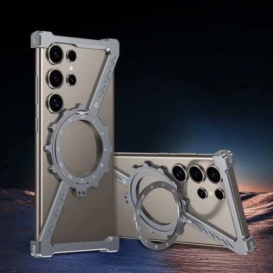 Samsung Galaxy S24 Ultra Luminous Metal Frame Z Shape Borderless Bumper Case with Built-in 360° Rotation Holder - Gray
