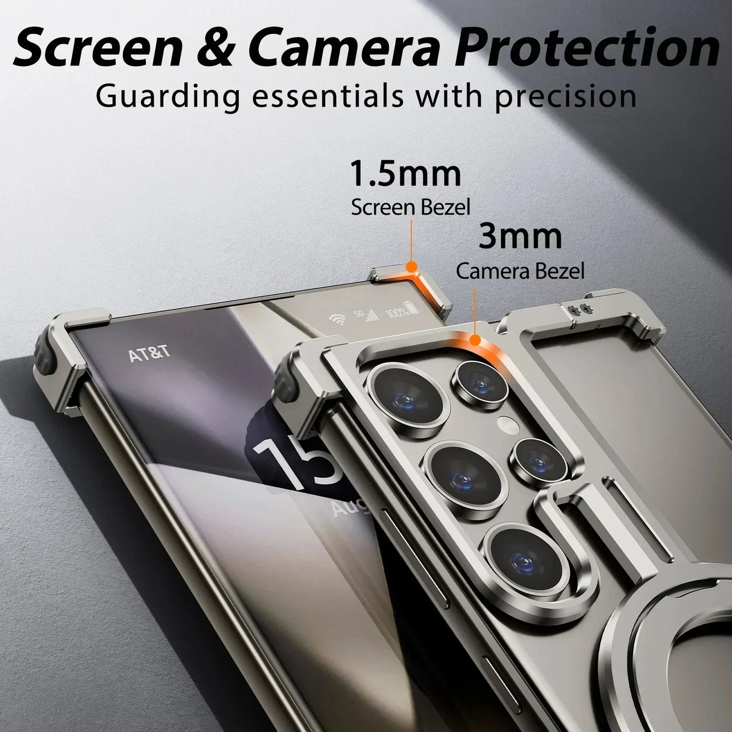 Samsung Galaxy 24 Ultra Metal Bumper Case with 360° Rotatable Magnetic Kickstand Ring - Titanium