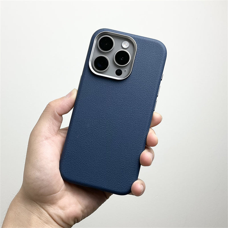 iPhone 15 Pro Genuine Leather Case Luxury Business Style Back Cover Case Blue