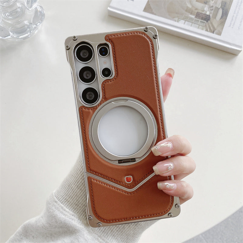 Samsung Galaxy S25 Ultra Leather Metal Bumper Case with Magsafe & Stand - Brown