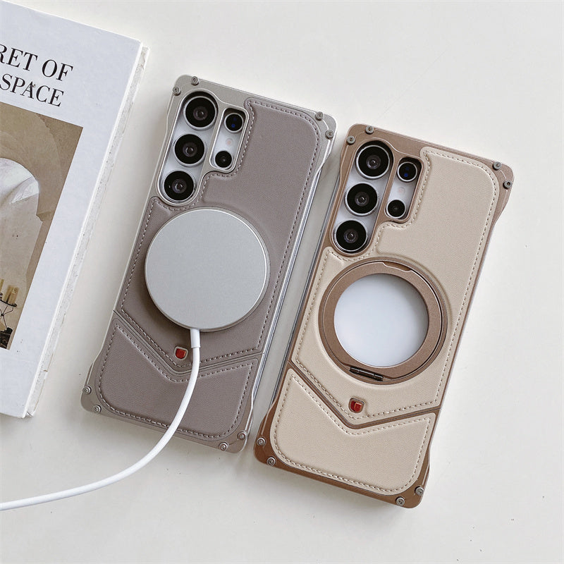 Samsung Galaxy S25 Ultra Leather Metal Bumper Case with Magsafe & Stand - Desert