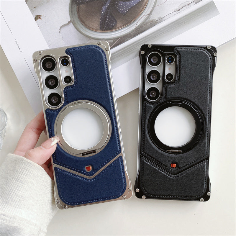 Samsung Galaxy S25 Ultra Leather Metal Bumper Case with Magsafe & Stand - Black