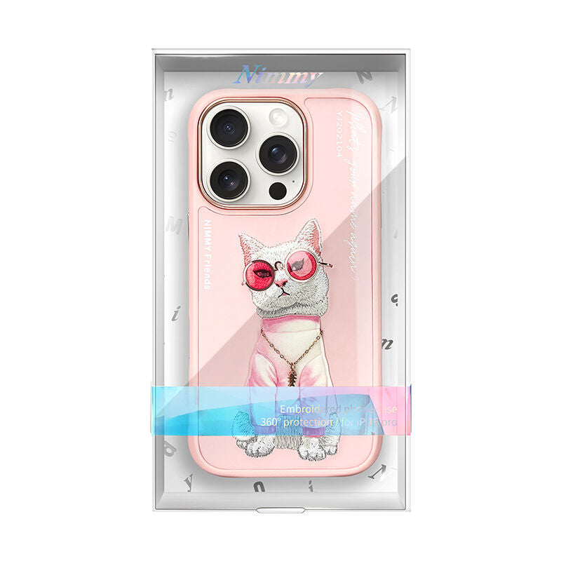 iPhone 16 Pro Nimmy Embroidery Chain Series Back Cover - Pink Cat