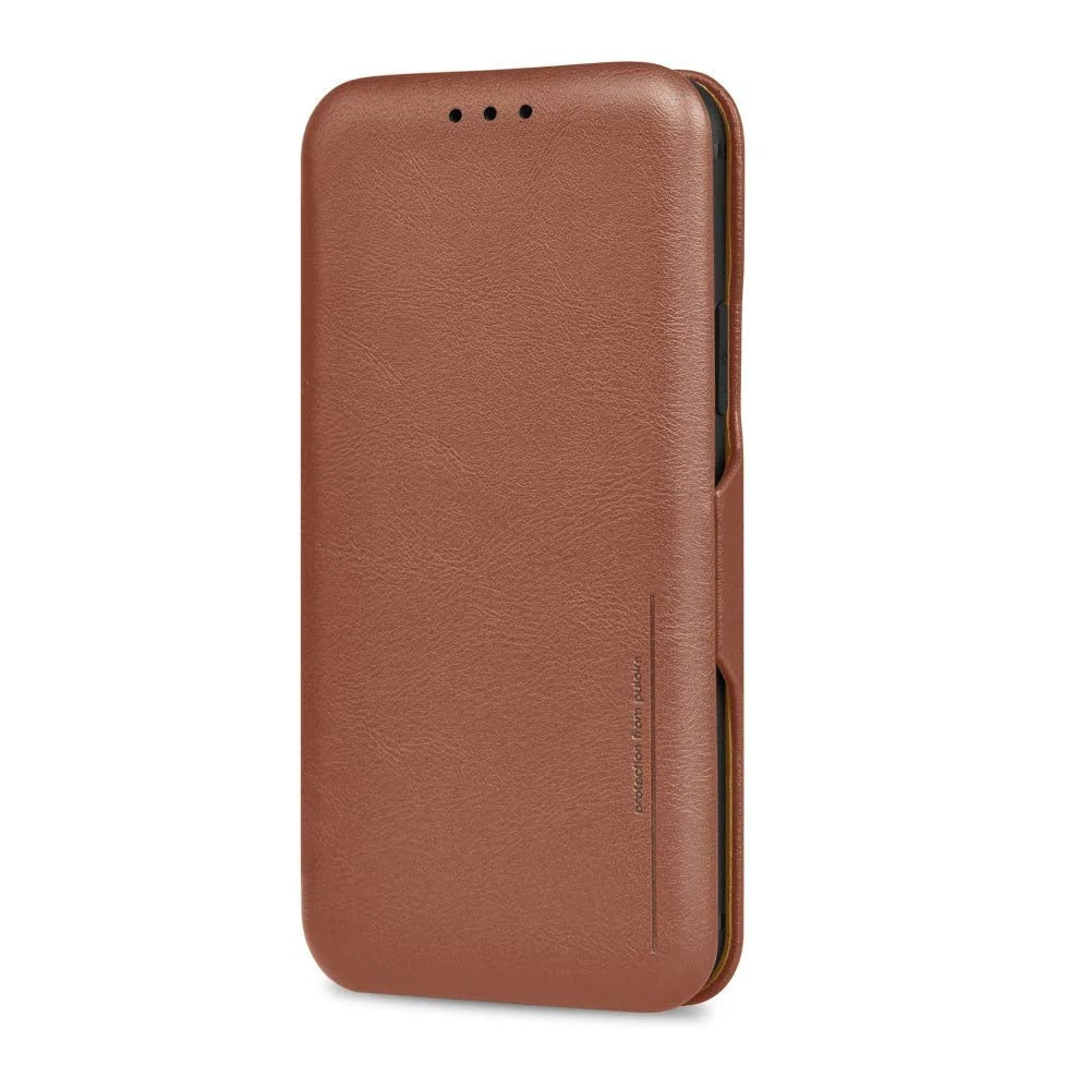 iPhone 13 Pro Leather Flip Cover with Card Slot & Kickstand Function – Brown