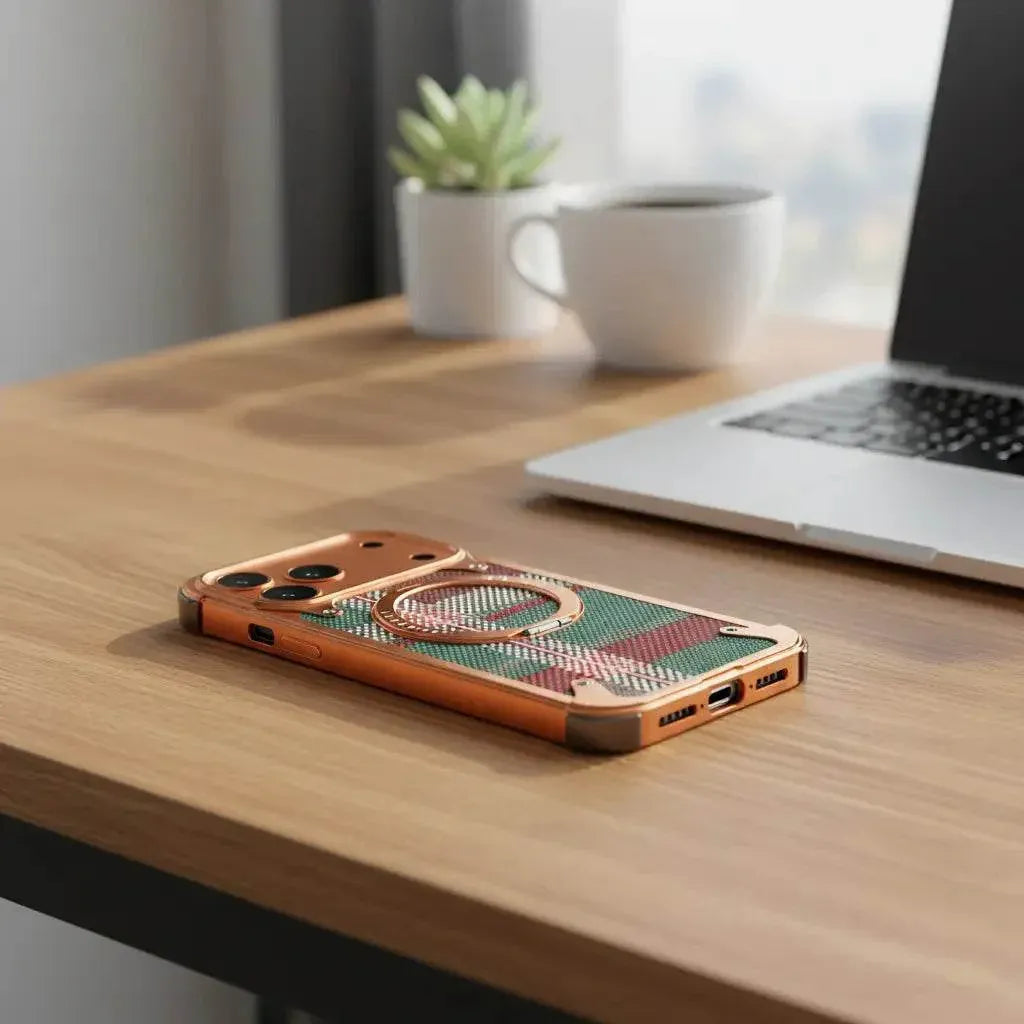 iPhone 17 Pro Max Titan Carbon Metal Frame Case with 360 Roatating Ring - Multicolor