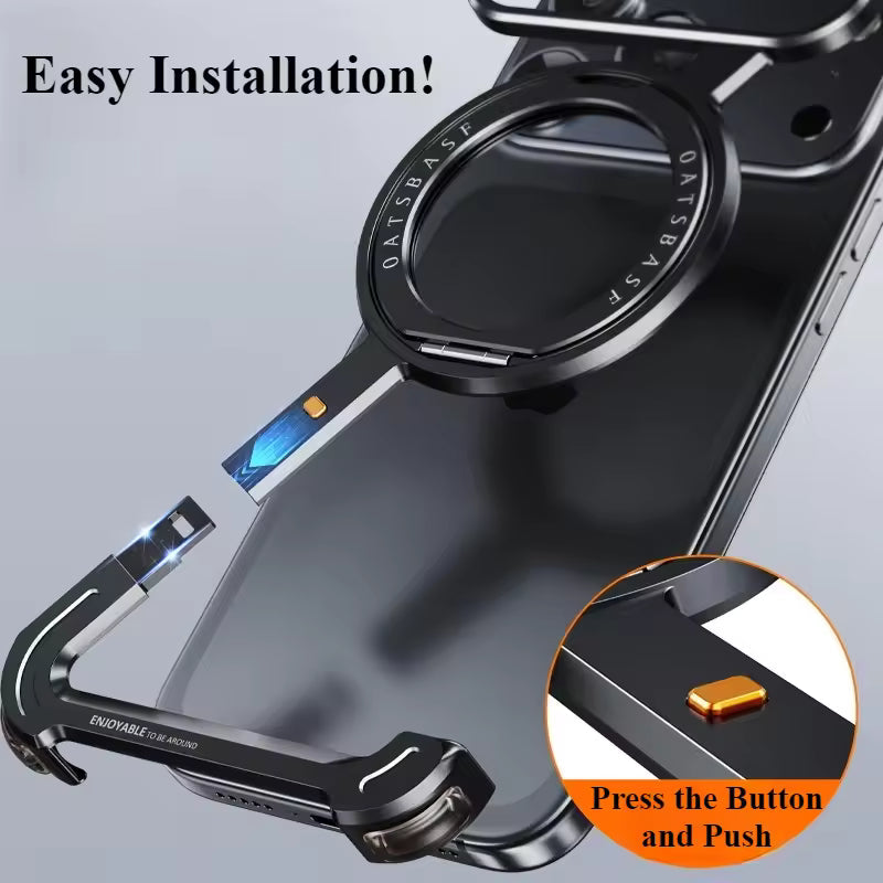 iPhone 17 Pro Z Shape Frameless Metal Bumper Case with 360° Rotatable Stand & Magsafe - Black