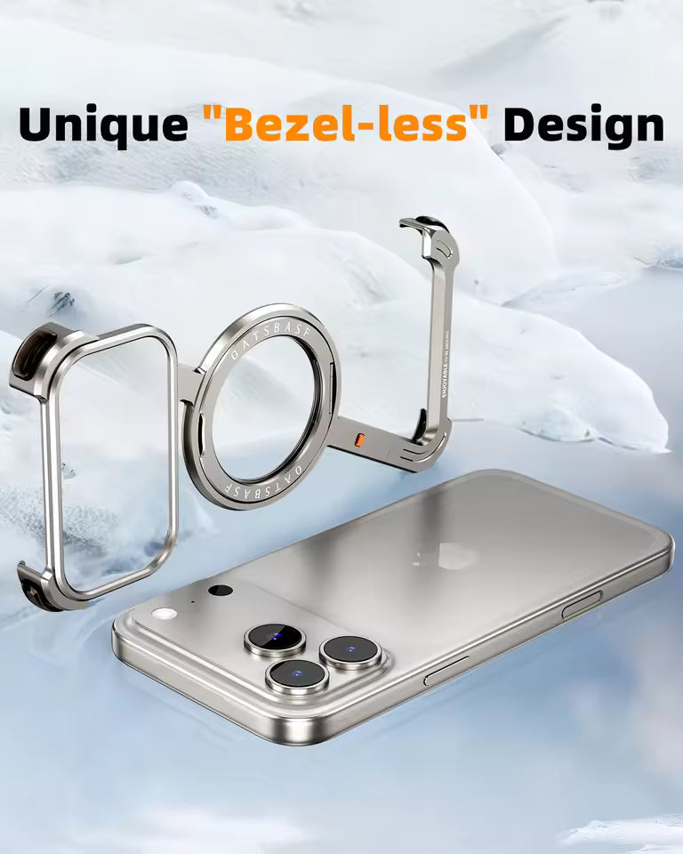 iPhone 17 Pro Max Z Shape Frameless Metal Bumper Case with 360° Rotatable Stand & Magsafe - Titanium