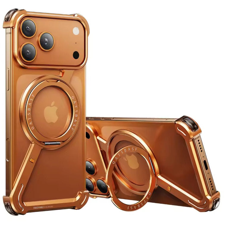 iPhone 17 Pro Z Shape Frameless Metal Bumper Case with 360° Rotatable Stand & Magsafe - Orange