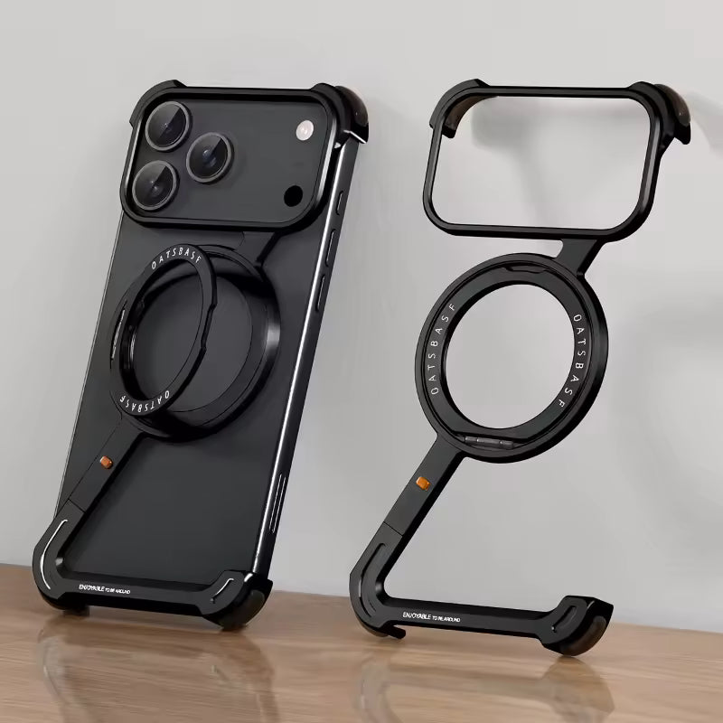 iPhone 17 Pro Z Shape Frameless Metal Bumper Case with 360° Rotatable Stand & Magsafe - Black