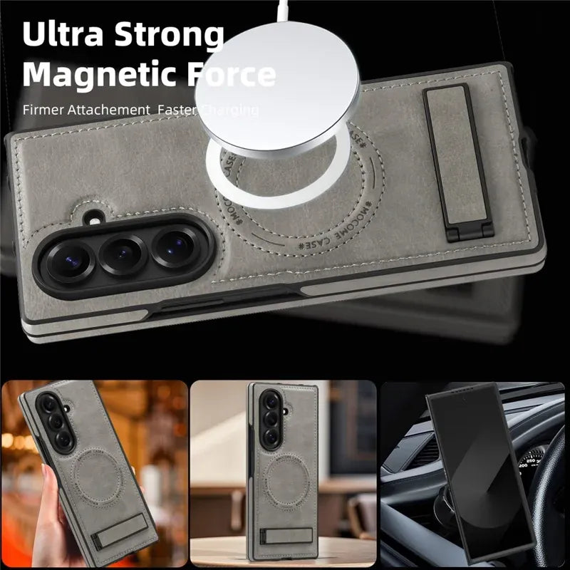 Samsung Galaxy Z Fold7 Leather Case with MagSafe & Kickstand - Grey