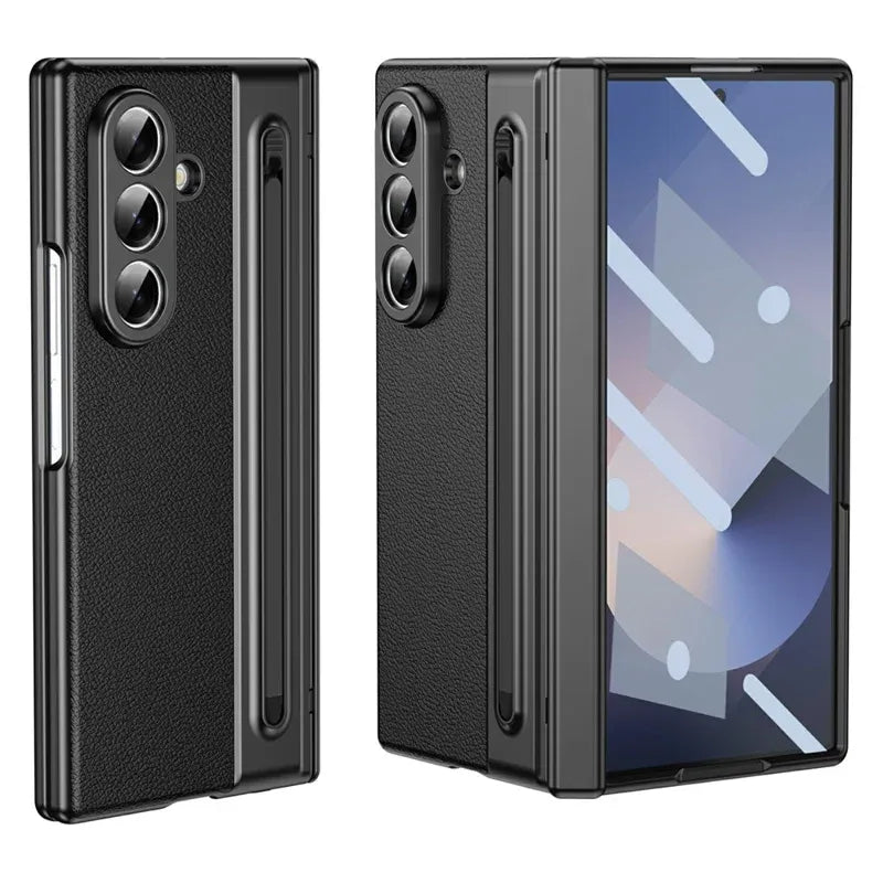 Samsung Galaxy Z Fold7 Plating Leather Case with Stylus & Glass Protection - Black