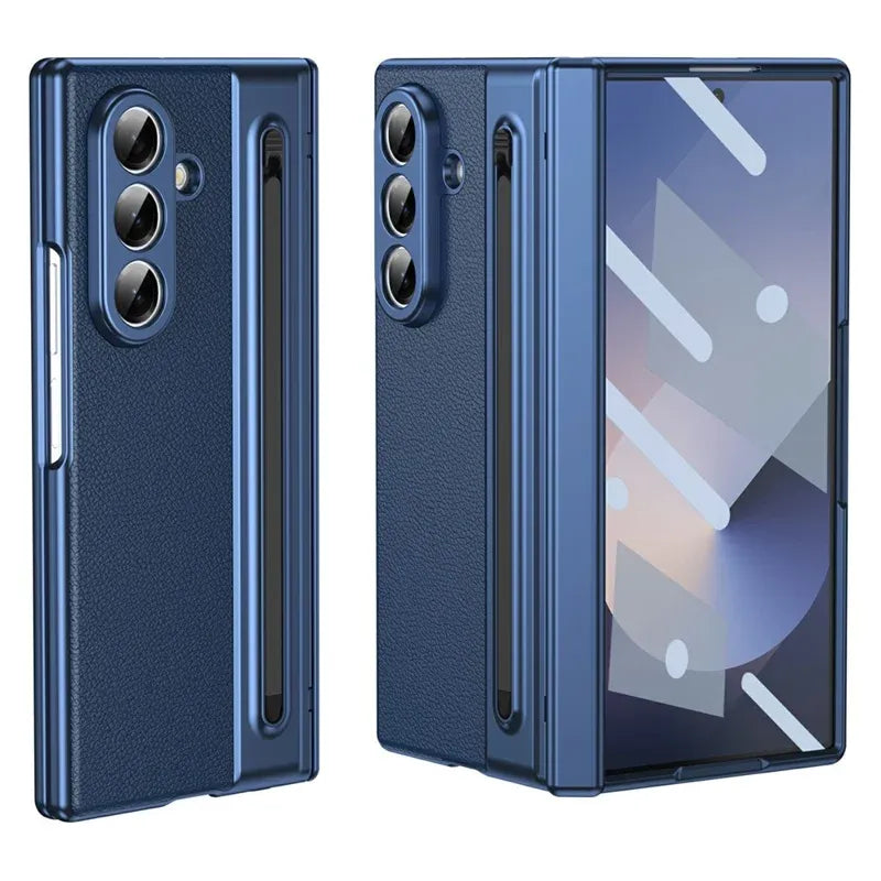 Samsung Galaxy Z Fold7 Plating Leather Case with Stylus & Glass Protection - Blue