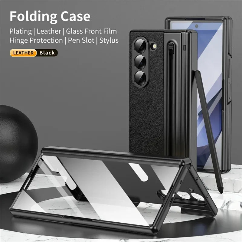 Samsung Galaxy Z Fold7 Plating Leather Case with Stylus & Glass Protection - Black