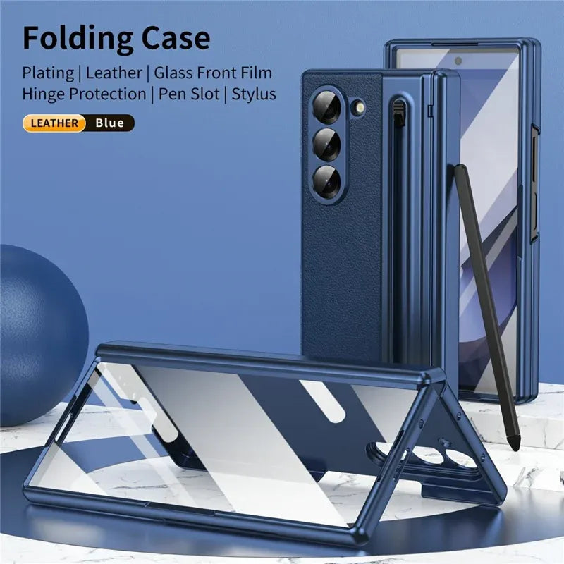 Samsung Galaxy Z Fold7 Plating Leather Case with Stylus & Glass Protection - Blue