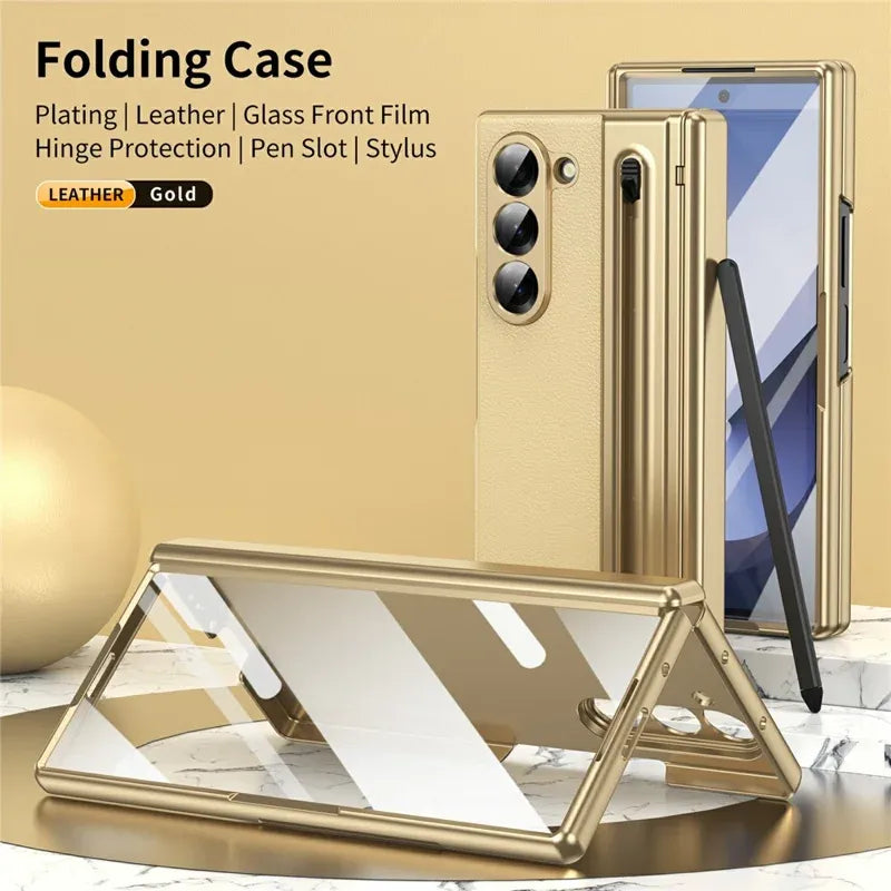 Samsung Galaxy Z Fold7 Plating Leather Case with Stylus & Glass Protection - Gold