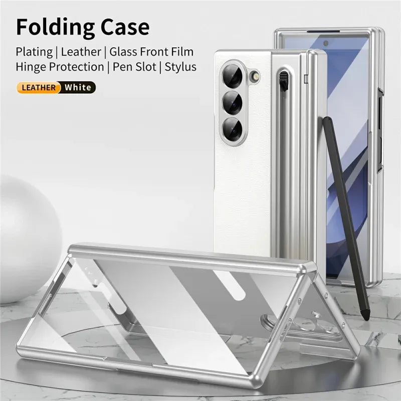 Samsung Galaxy Z Fold7 Plating Leather Case with Stylus & Glass Protection - White