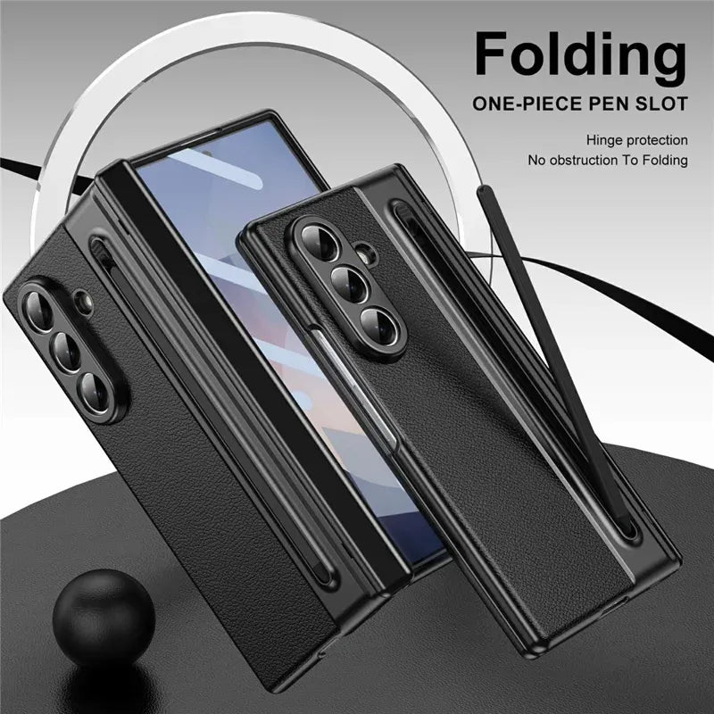 Samsung Galaxy Z Fold7 Plating Leather Case with Stylus & Glass Protection - Black