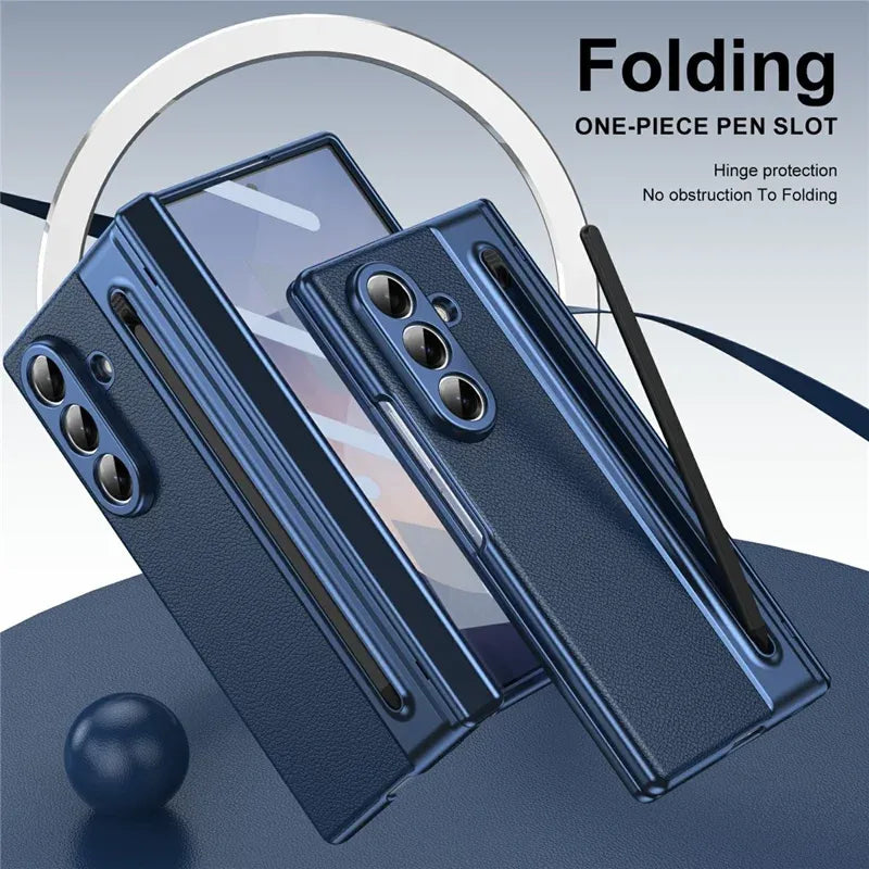 Samsung Galaxy Z Fold7 Plating Leather Case with Stylus & Glass Protection - Blue