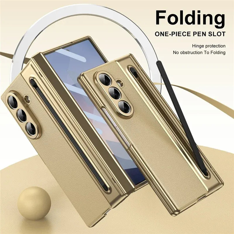 Samsung Galaxy Z Fold7 Plating Leather Case with Stylus & Glass Protection - Gold