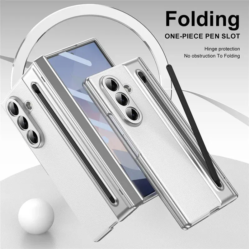 Samsung Galaxy Z Fold7 Plating Leather Case with Stylus & Glass Protection - White