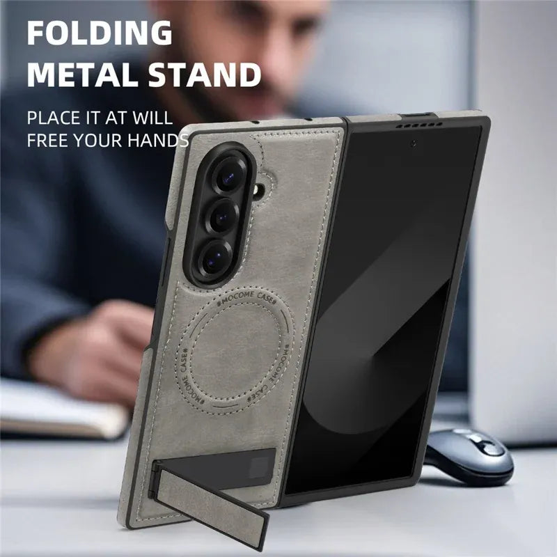 Samsung Galaxy Z Fold7 Leather Case with MagSafe & Kickstand - Grey
