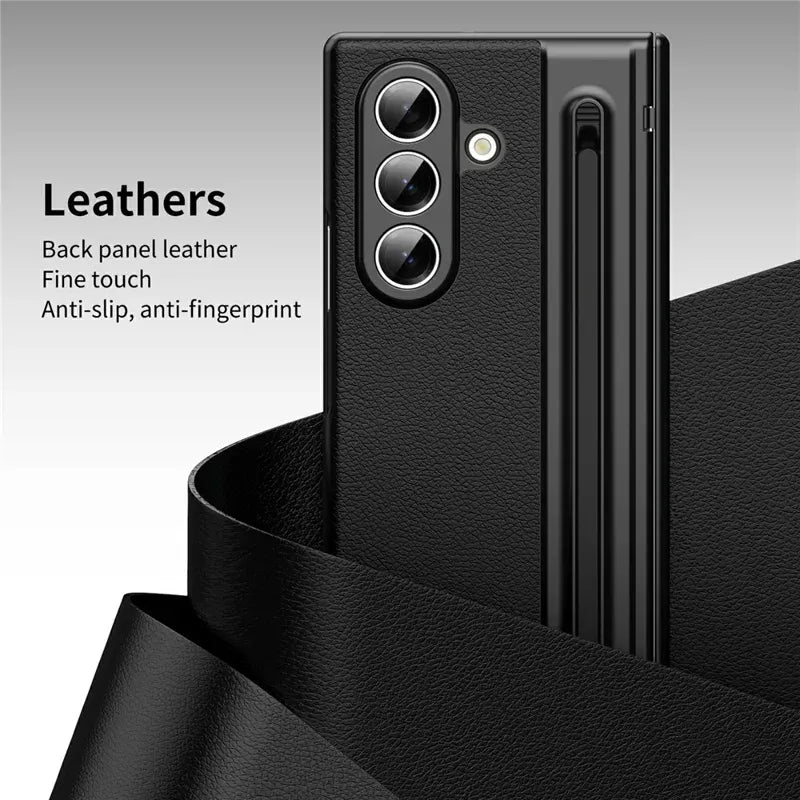 Samsung Galaxy Z Fold7 Plating Leather Case with Stylus & Glass Protection - Black