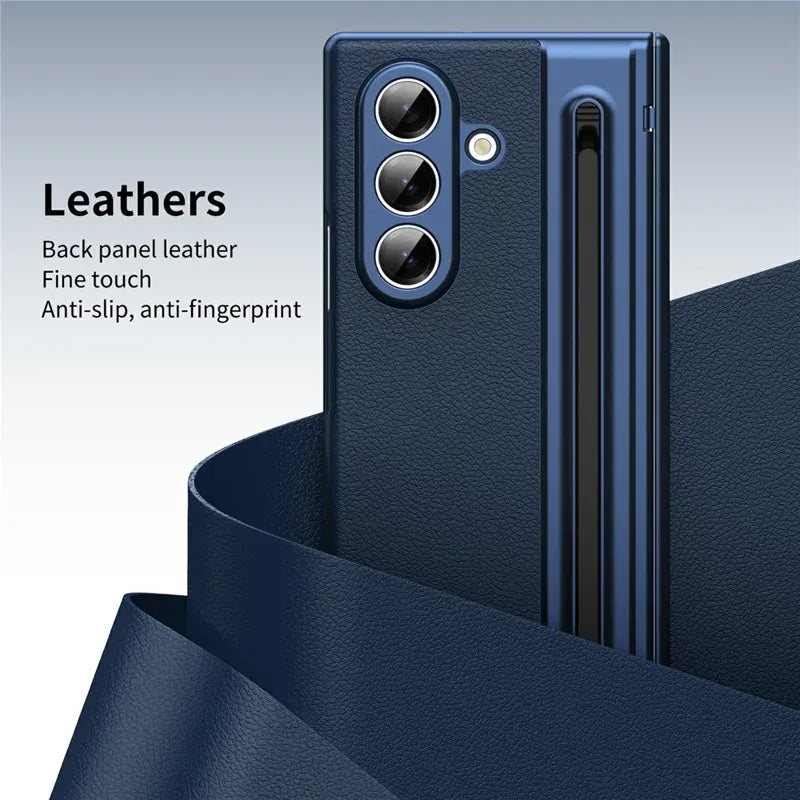 Samsung Galaxy Z Fold7 Plating Leather Case with Stylus & Glass Protection - Blue