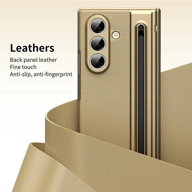 Samsung Galaxy Z Fold7 Plating Leather Case with Stylus & Glass Protection - Gold