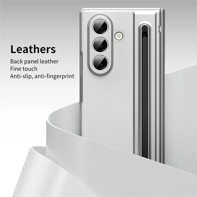Samsung Galaxy Z Fold7 Plating Leather Case with Stylus & Glass Protection - White