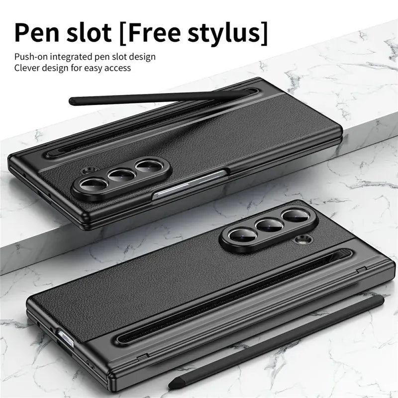 Samsung Galaxy Z Fold7 Plating Leather Case with Stylus & Glass Protection - Black