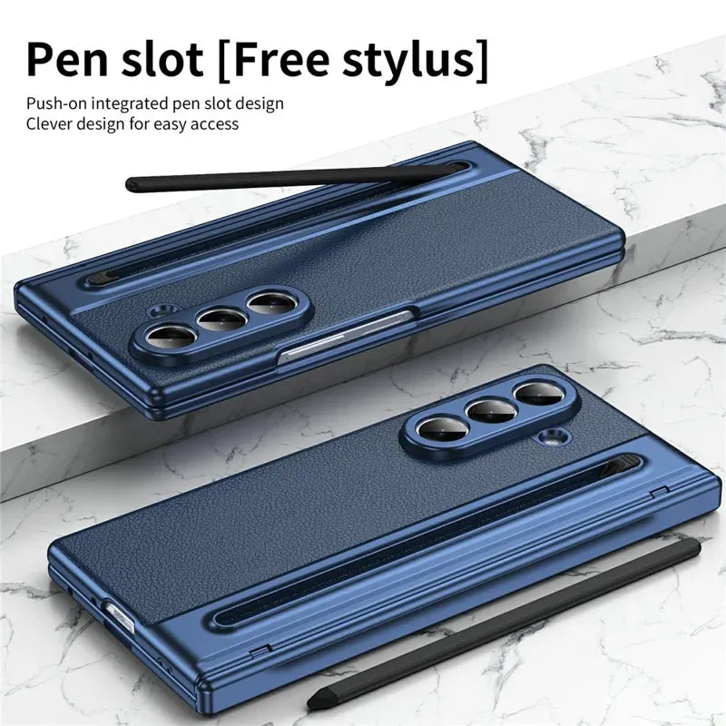 Samsung Galaxy Z Fold7 Plating Leather Case with Stylus & Glass Protection - Blue