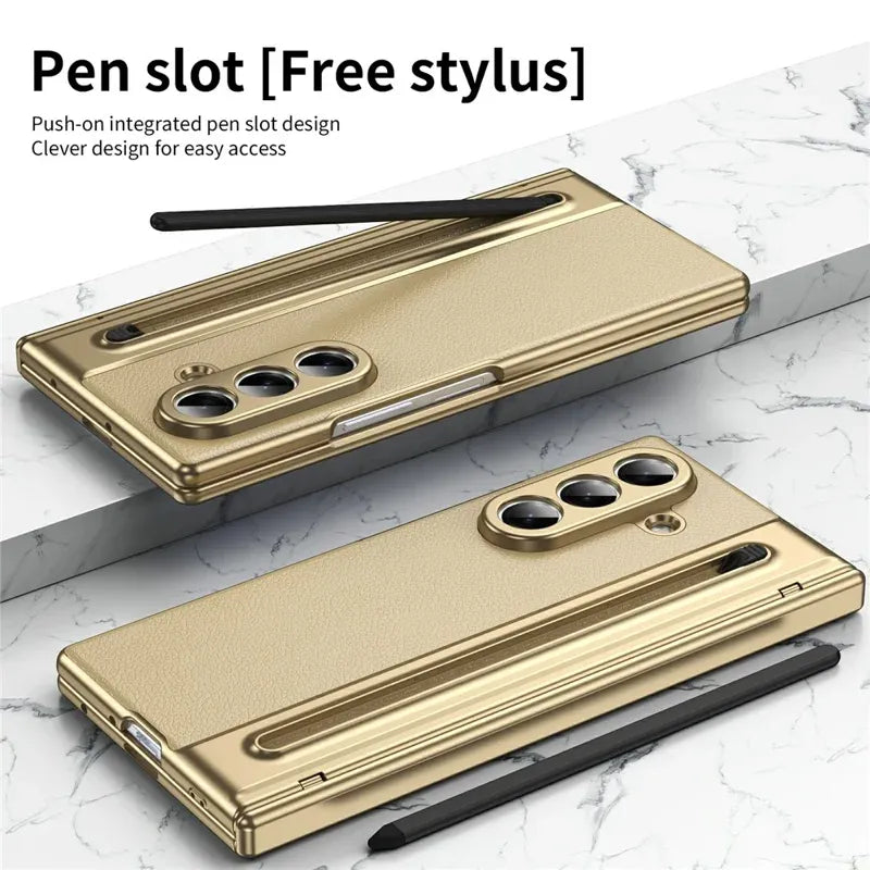 Samsung Galaxy Z Fold7 Plating Leather Case with Stylus & Glass Protection - Gold