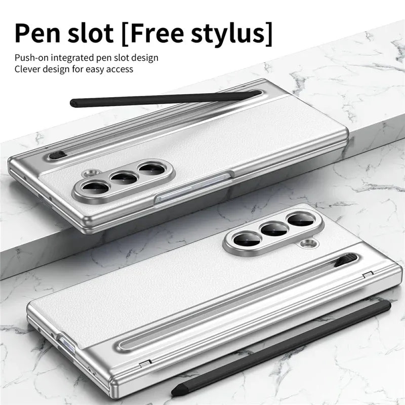 Samsung Galaxy Z Fold7 Plating Leather Case with Stylus & Glass Protection - White